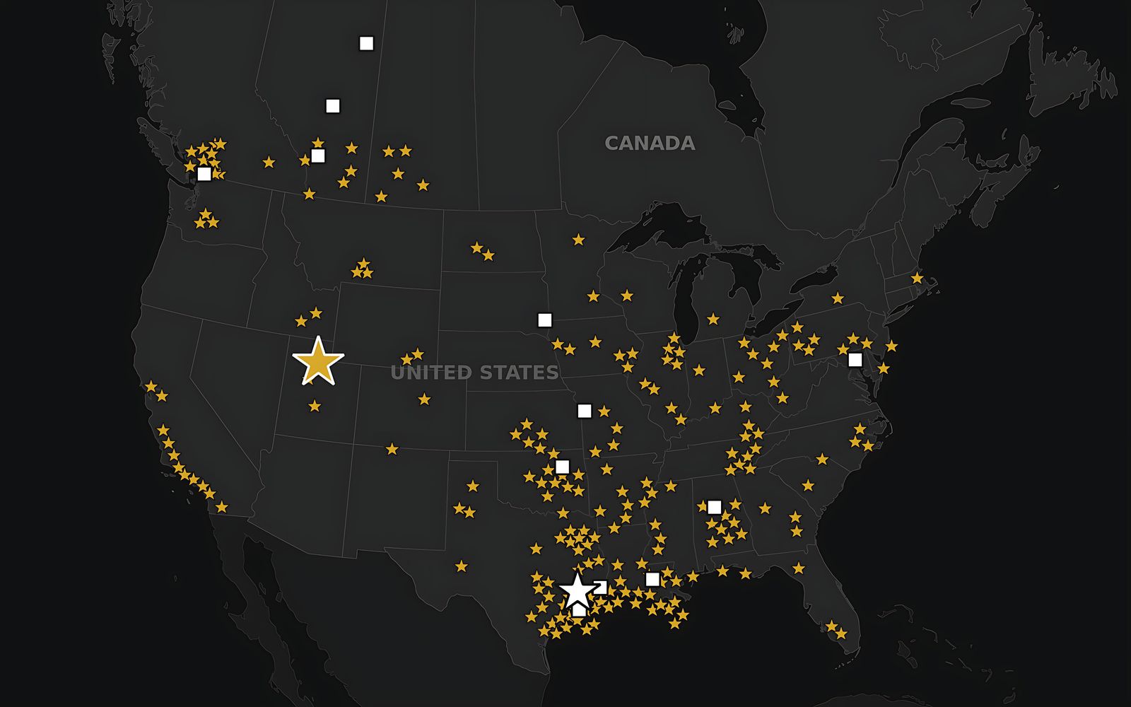 Map of Thorpe PME and Streamline locations across North America